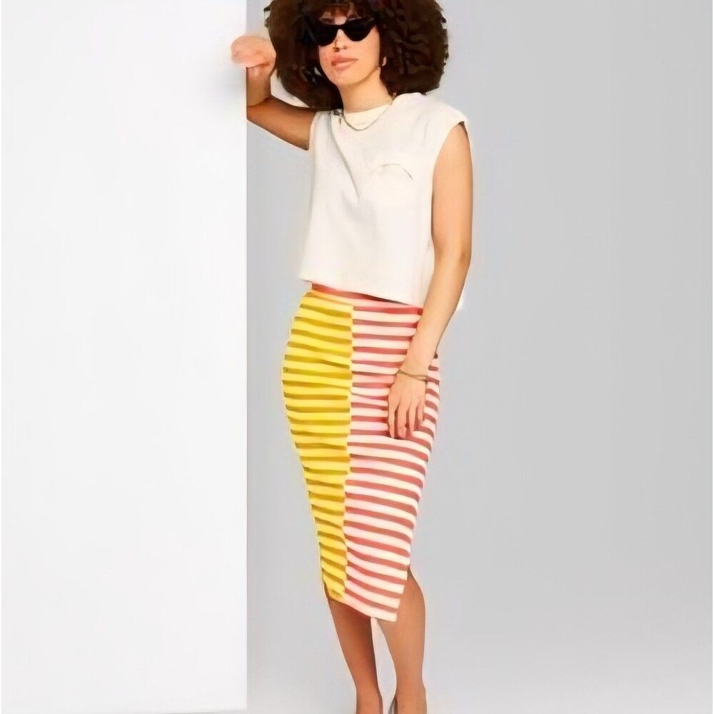 Ascot + Hart Stripe Midi Skirt Pull-on Knit Stretch Straight Pencil Womens M